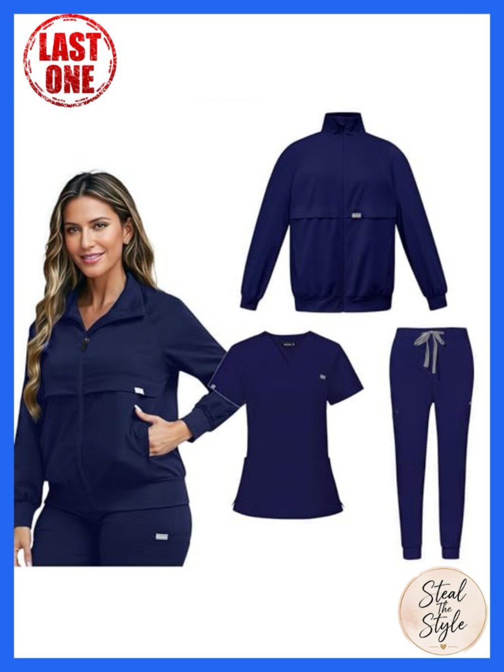 3-Piece Scrub Set V-Neck Top Jogger Pants & Jacket Medical Uniform